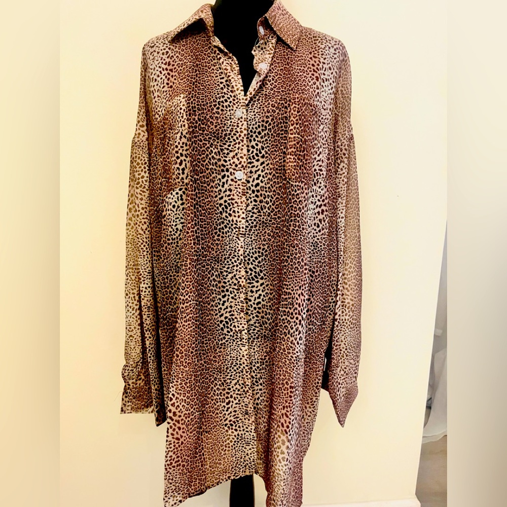 Sheer cheetah print long sleeve collared top
